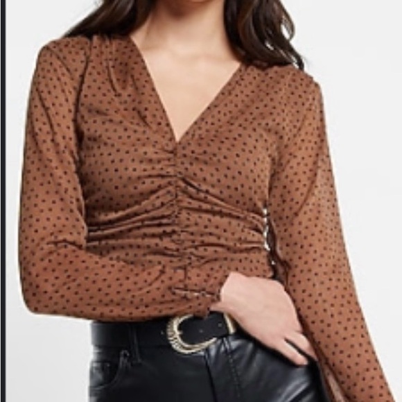 Express Tops - Express Brown Polka Dot Ruched Blouse
